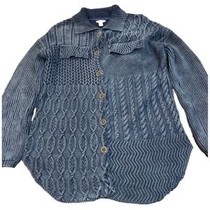 Tribal Jeans blue cotton cardigan sweater chunky patchwork cables women's sz M